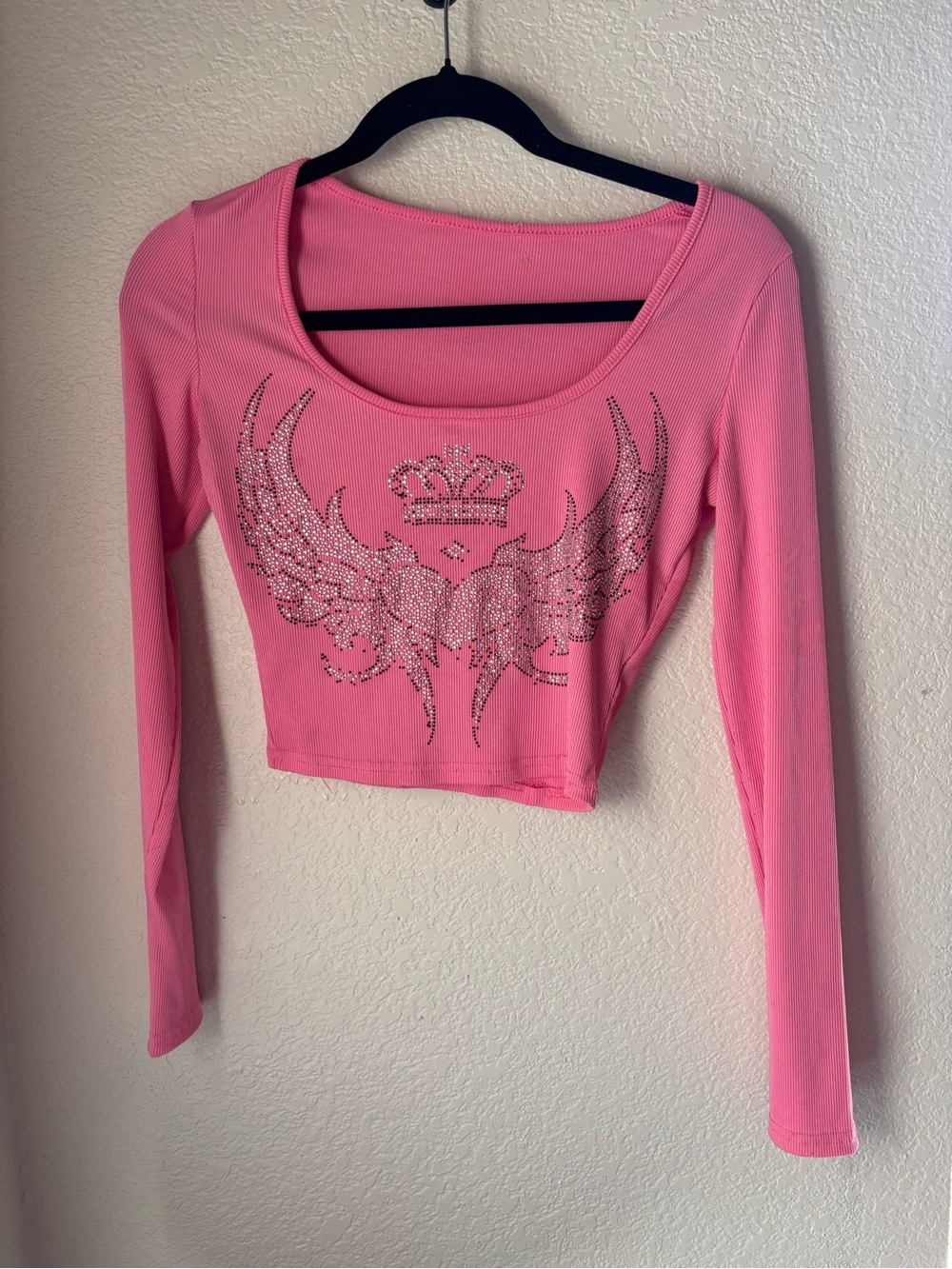 Pink Long-Sleeve Rhinestone Graphic Crop Top Y2K
